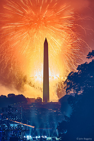 Orange and Yellow Fireworks, Smoke, and the Washington Monument