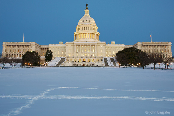 Dusk befalling a snow-covered Capitol after the Snowmageddon