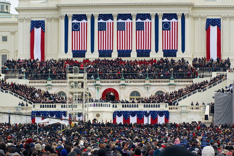 Crowds before the inaugural stage at the Capitol during the second inauguration of President Obama.