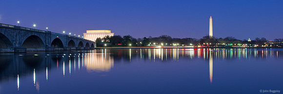 Washington skyline at night along the Potomac