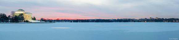 Panorama of a snowy Tidal Basin at sunset