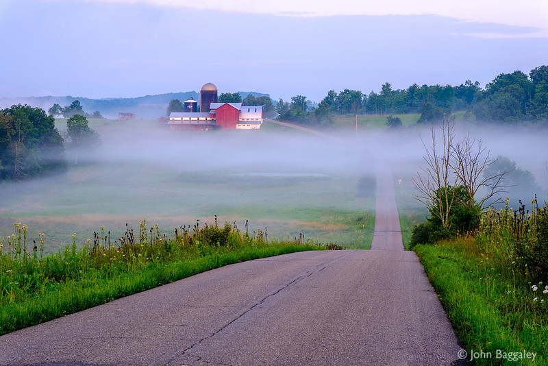 Red Barn and Morning Mist